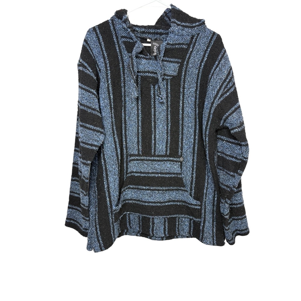Baja Billys Blue Black Striped Baja Hoodie Drug Rug Pullover Large - Picture 1 of 6